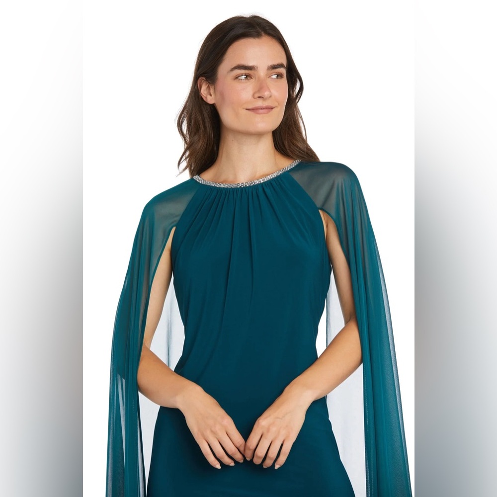 Elegant Teal Cape Dress with Rhinestone Detail